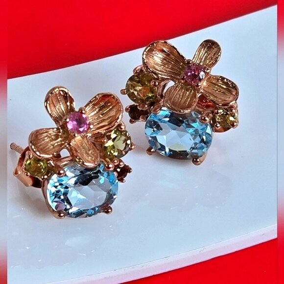 925 Sterling Silver Flower Earrings with Natural Topaz & Tourmaline Gems - Picture 1 of 6